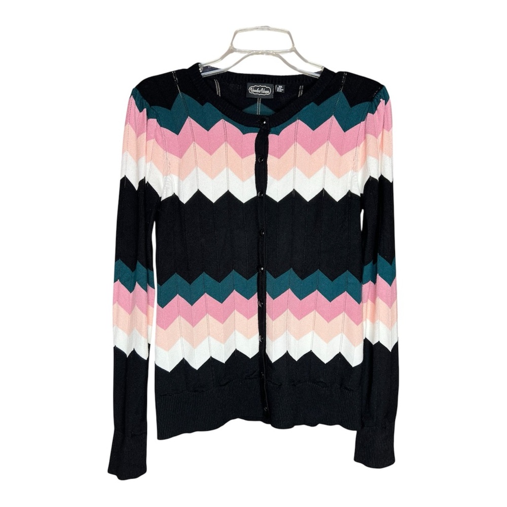 Black Chevron Stripe Button-Front Sweater Cardigan - Pink, Teal, White